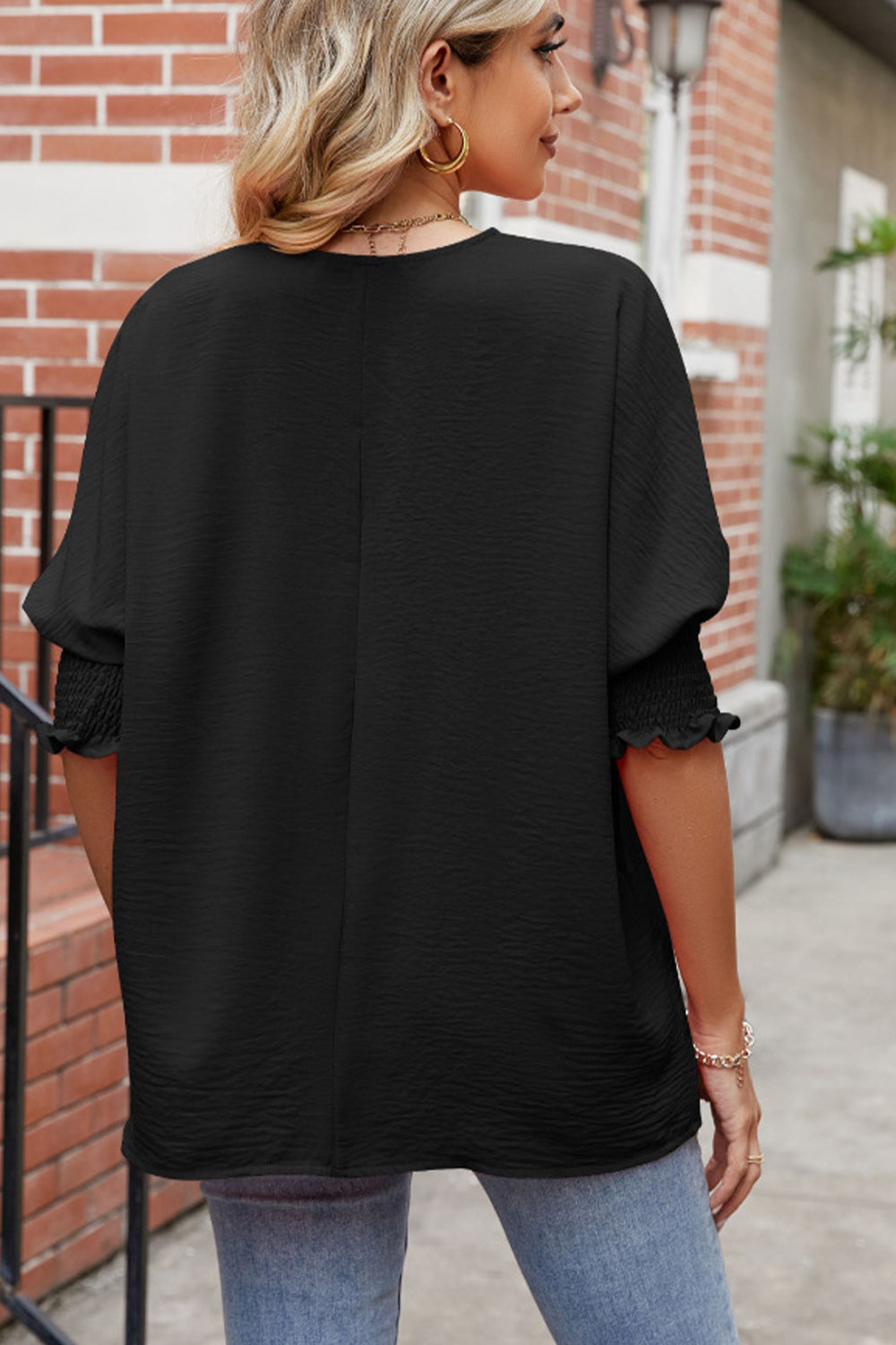 round neck smocked lantern sleeve blouse