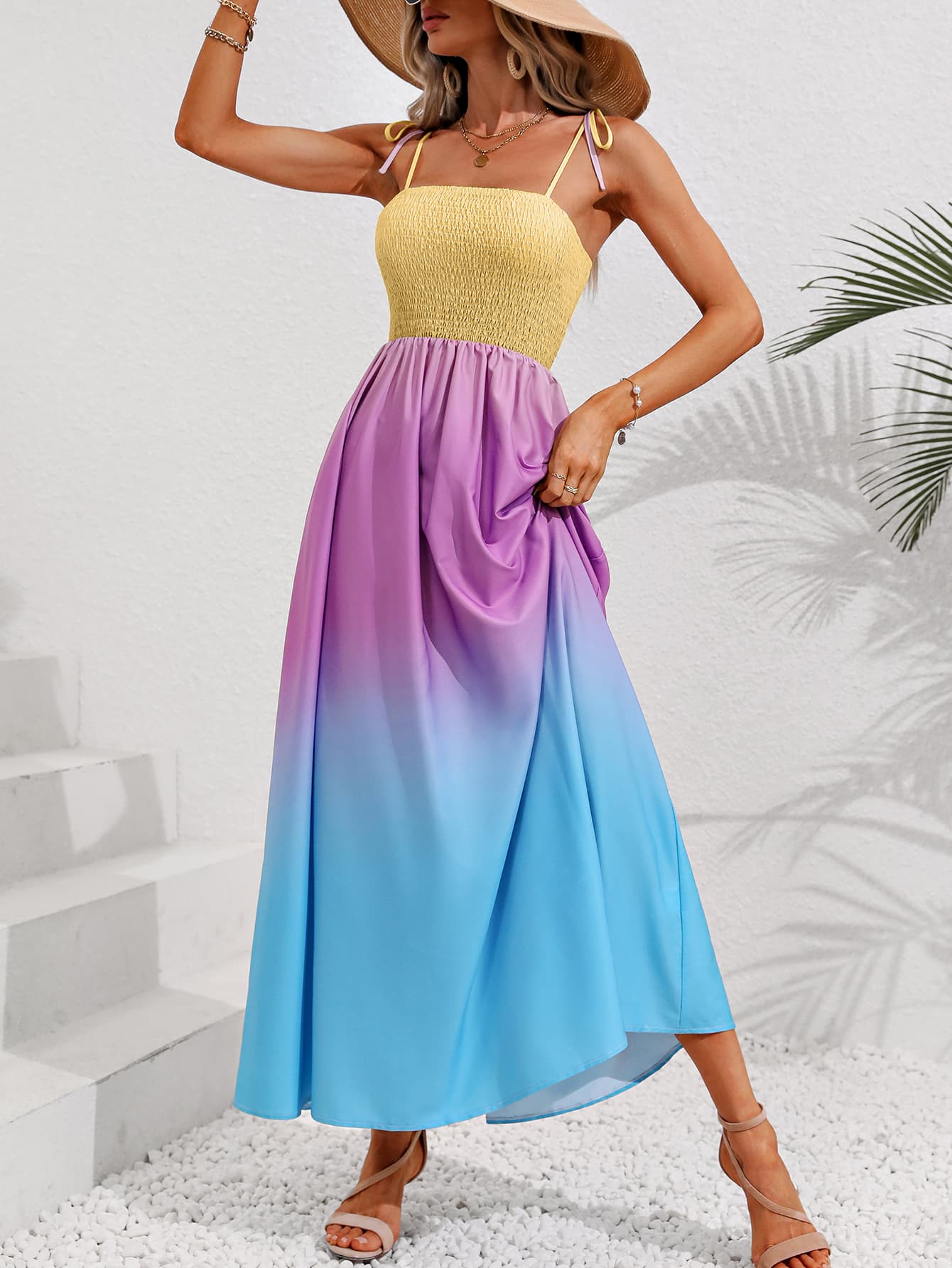 color block tie shoulder smocked maxi dress