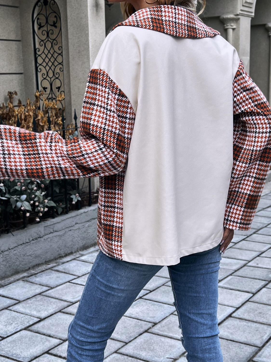 plaid collared neck drop shoulder jacket