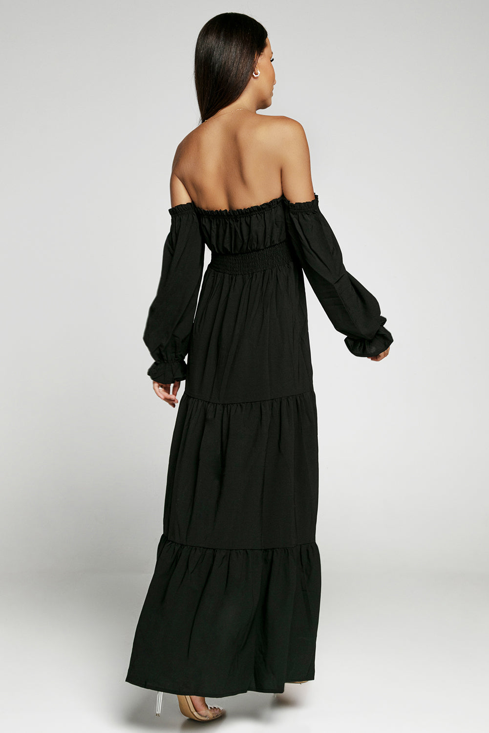 off-shoulder smocked split tiered maxi dress