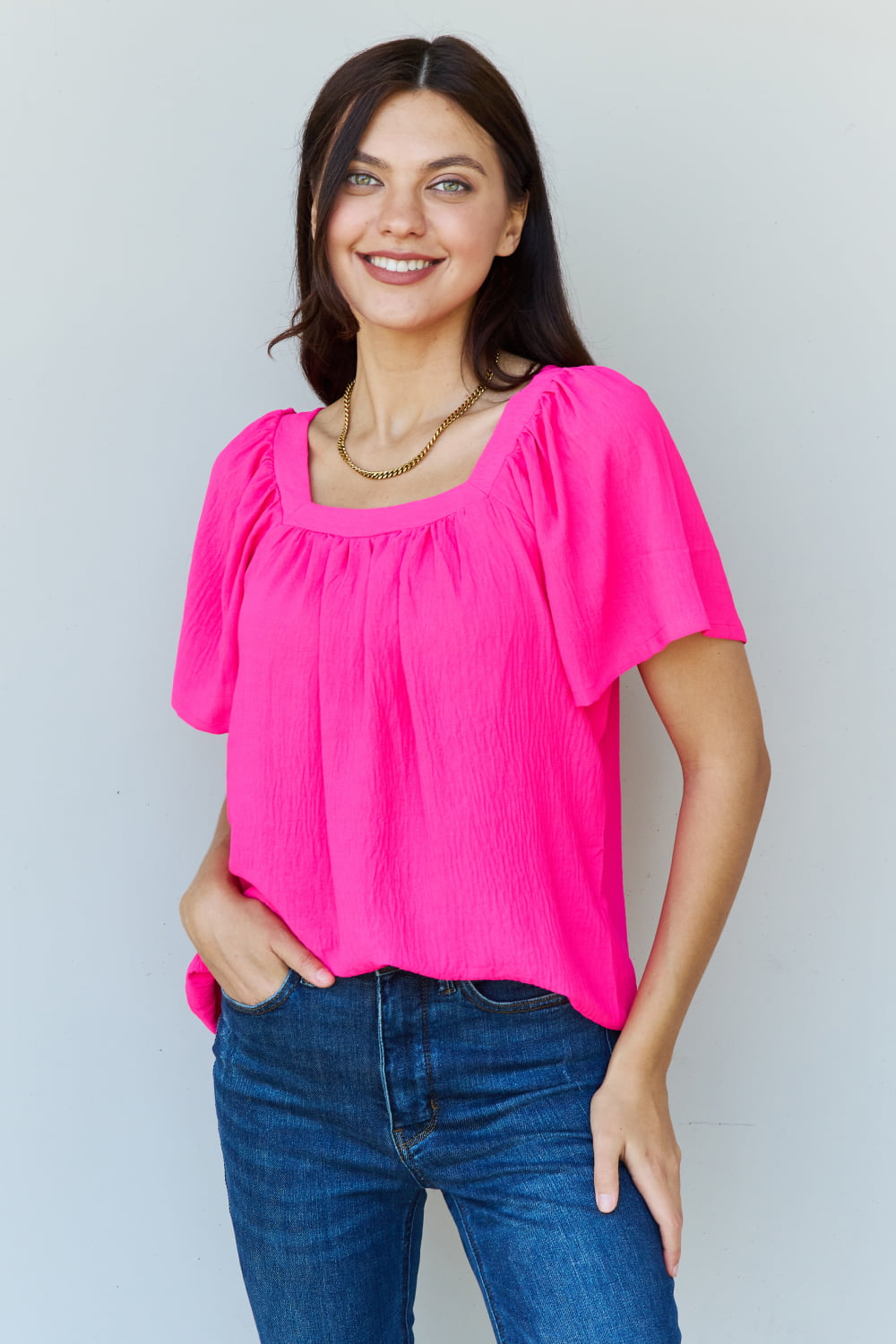 ninexis keep me close square neck short sleeve blouse in fuchsia