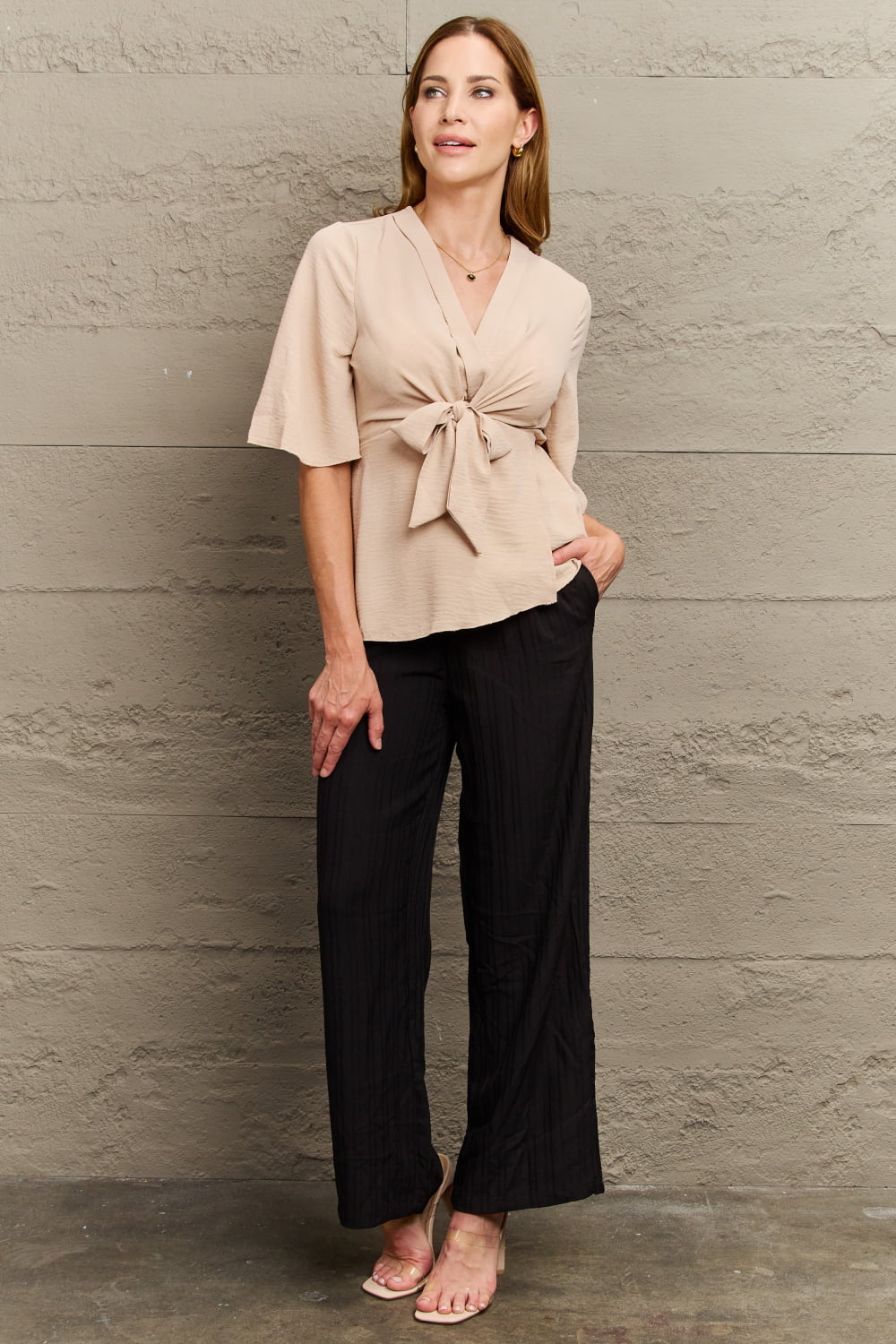 v-neck tie front half sleeve blouse