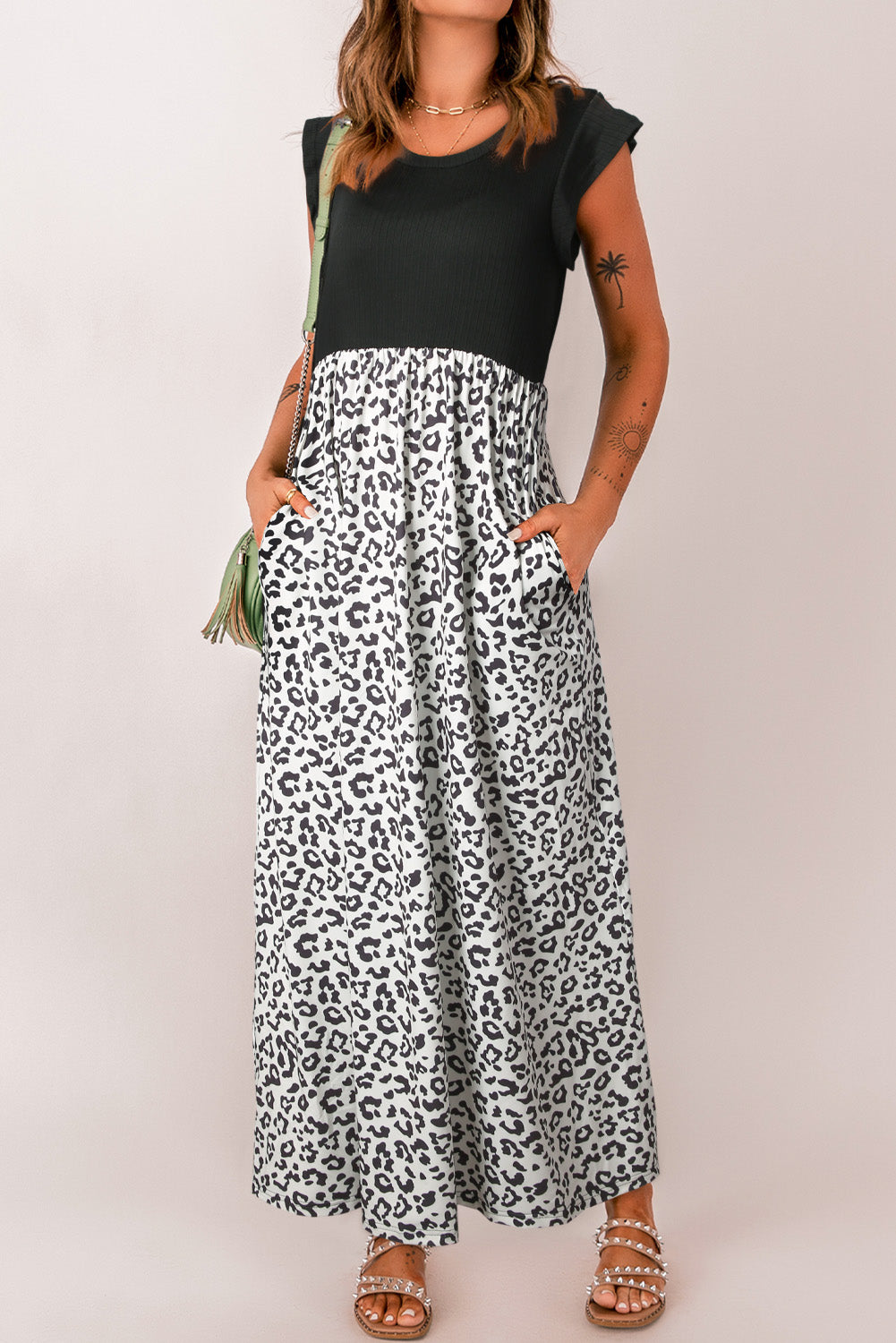leopard print round neck maxi dress with pockets