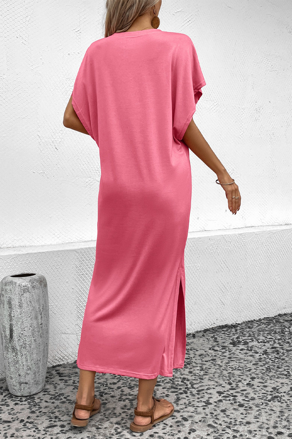 round neck short sleeve side slit midi dress