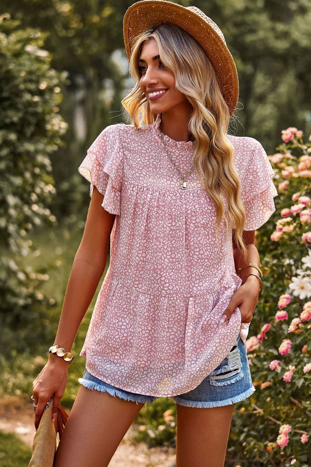 round neck flutter sleeve peplum blouse