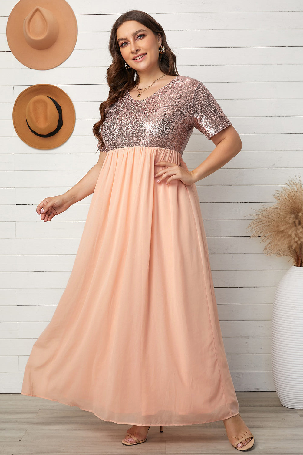 plus size sequined spliced maxi dress