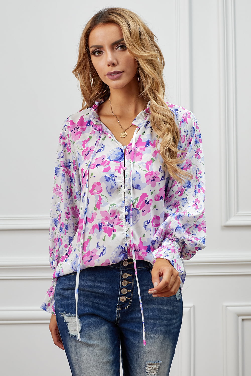 floral frill trim tie neck flounce sleeve blouse