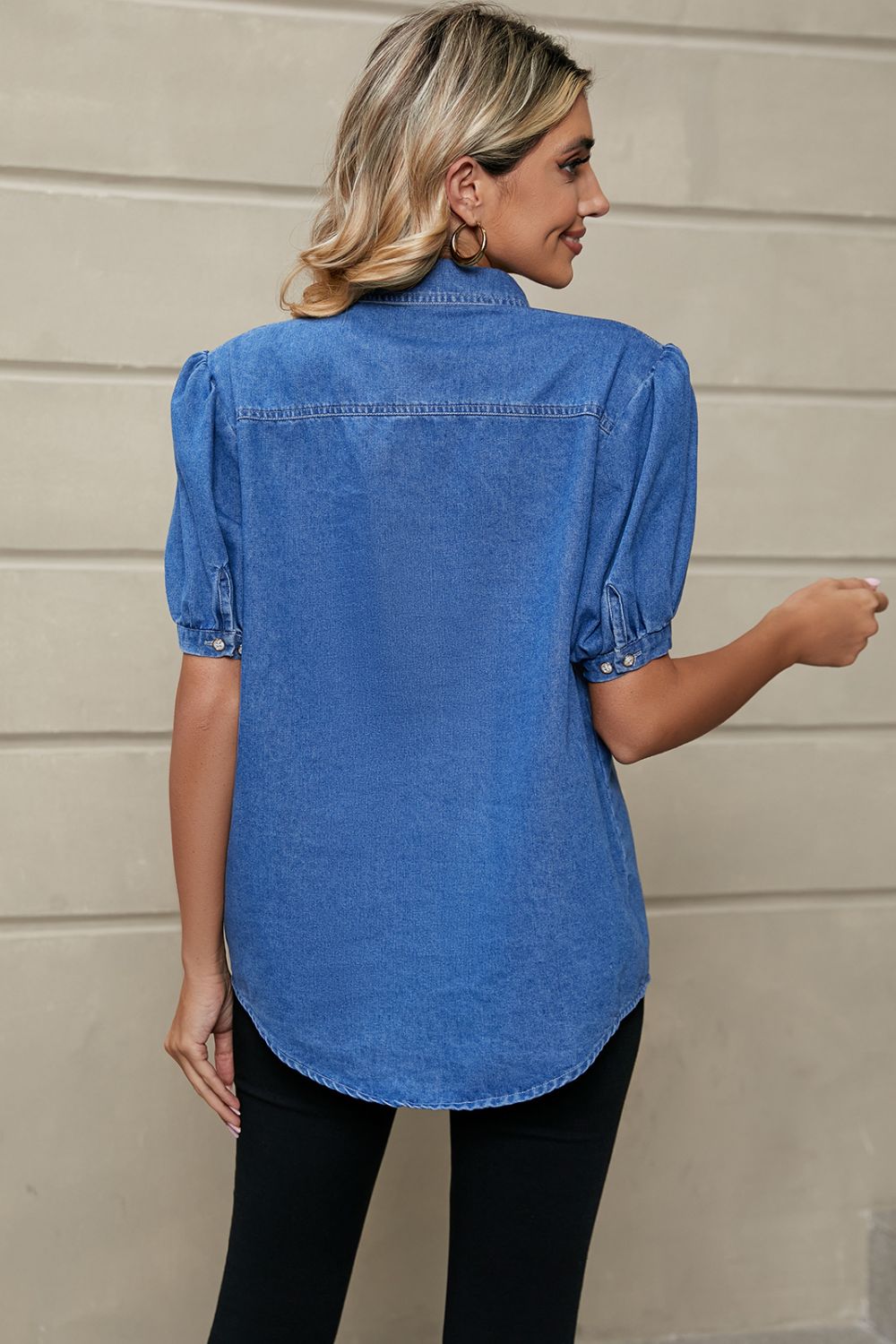 puff sleeve collared denim top