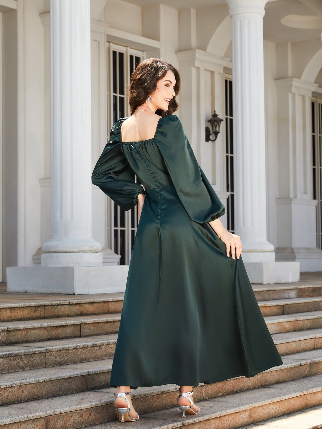 square neck puff sleeve high slit maxi dress