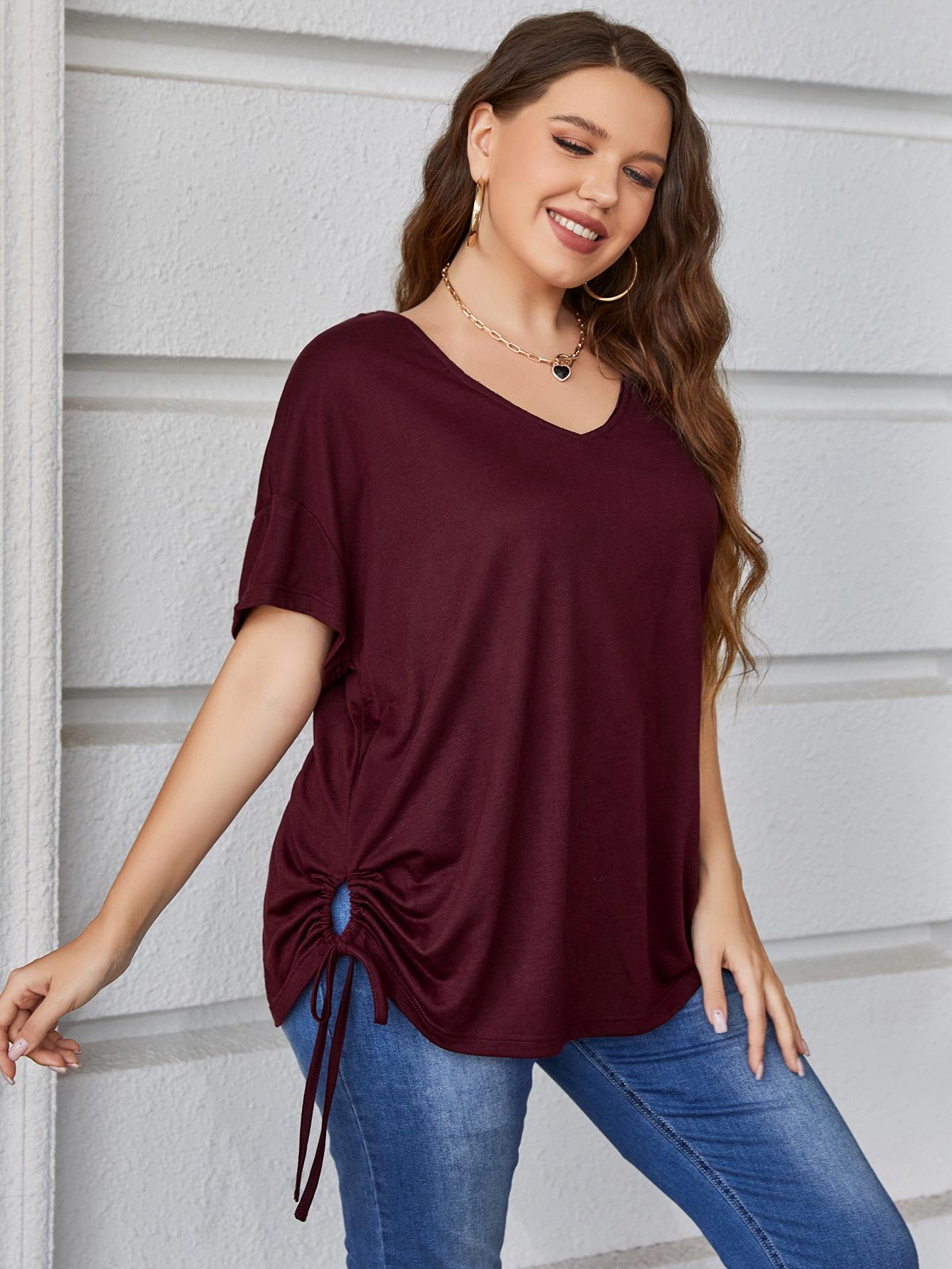 plus size drawstring v-neck short sleeve blouse