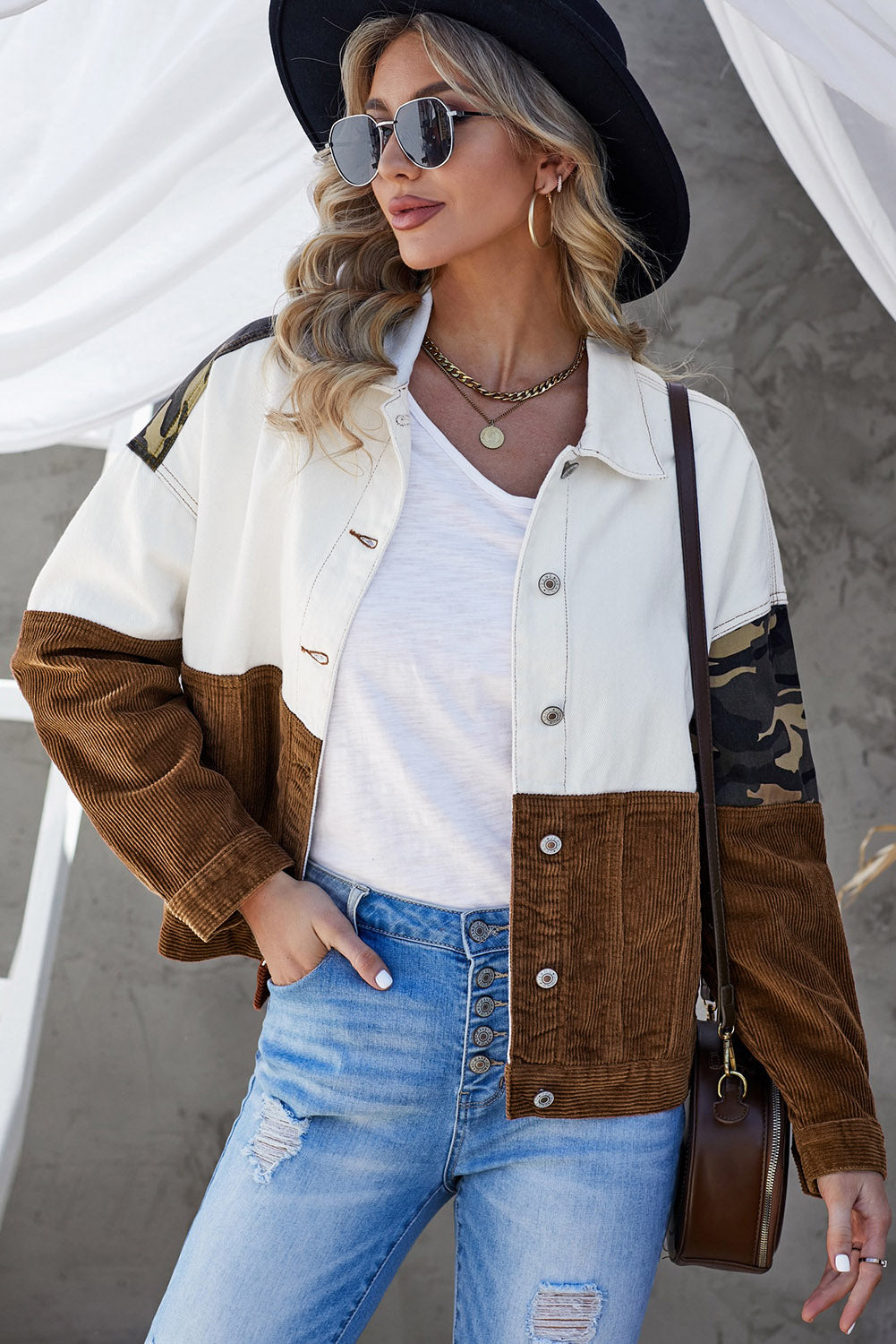 leopard color block button-up corduroy shacket