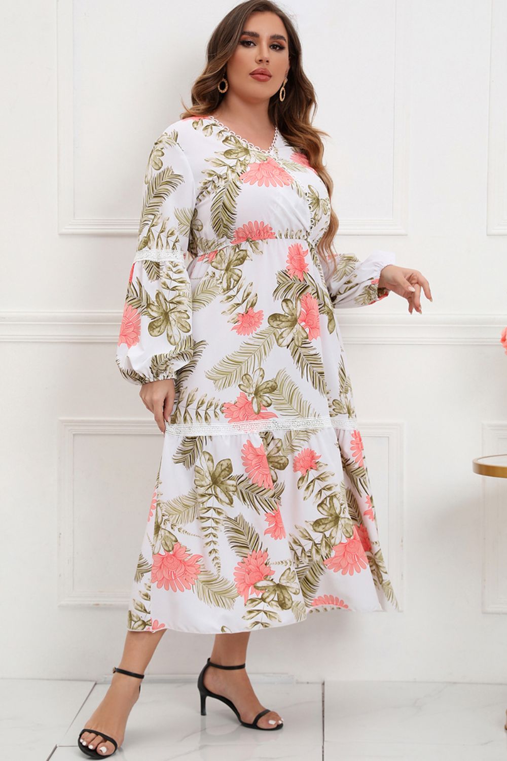 plus size spliced lace surplice balloon sleeve maxi dress