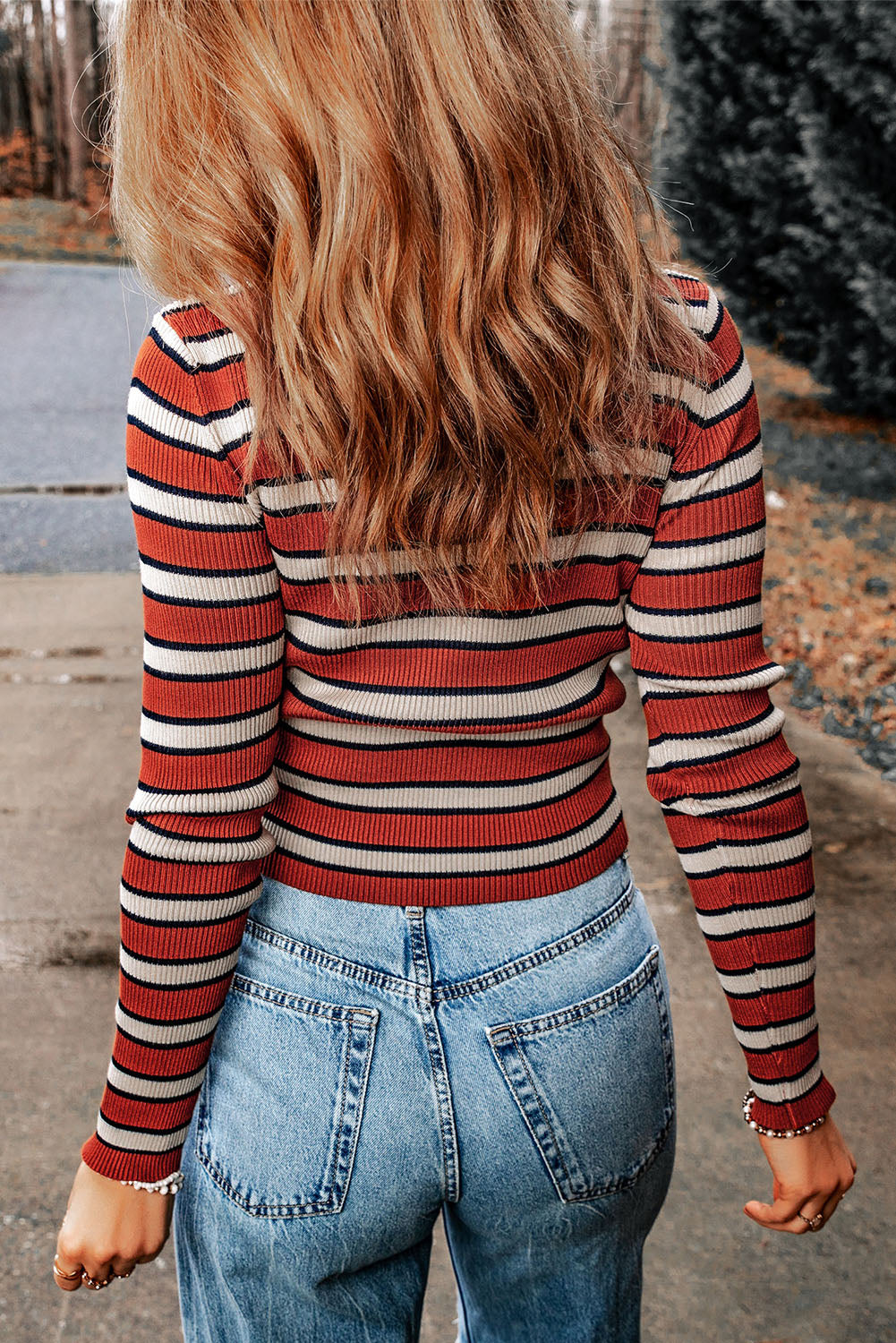 double take striped round neck long sleeve top