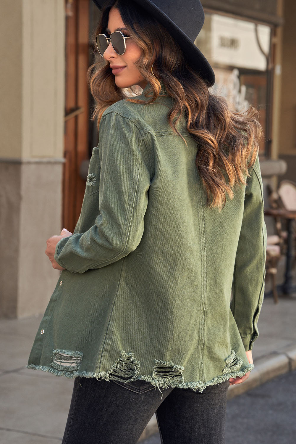 distressed snap down denim jacket