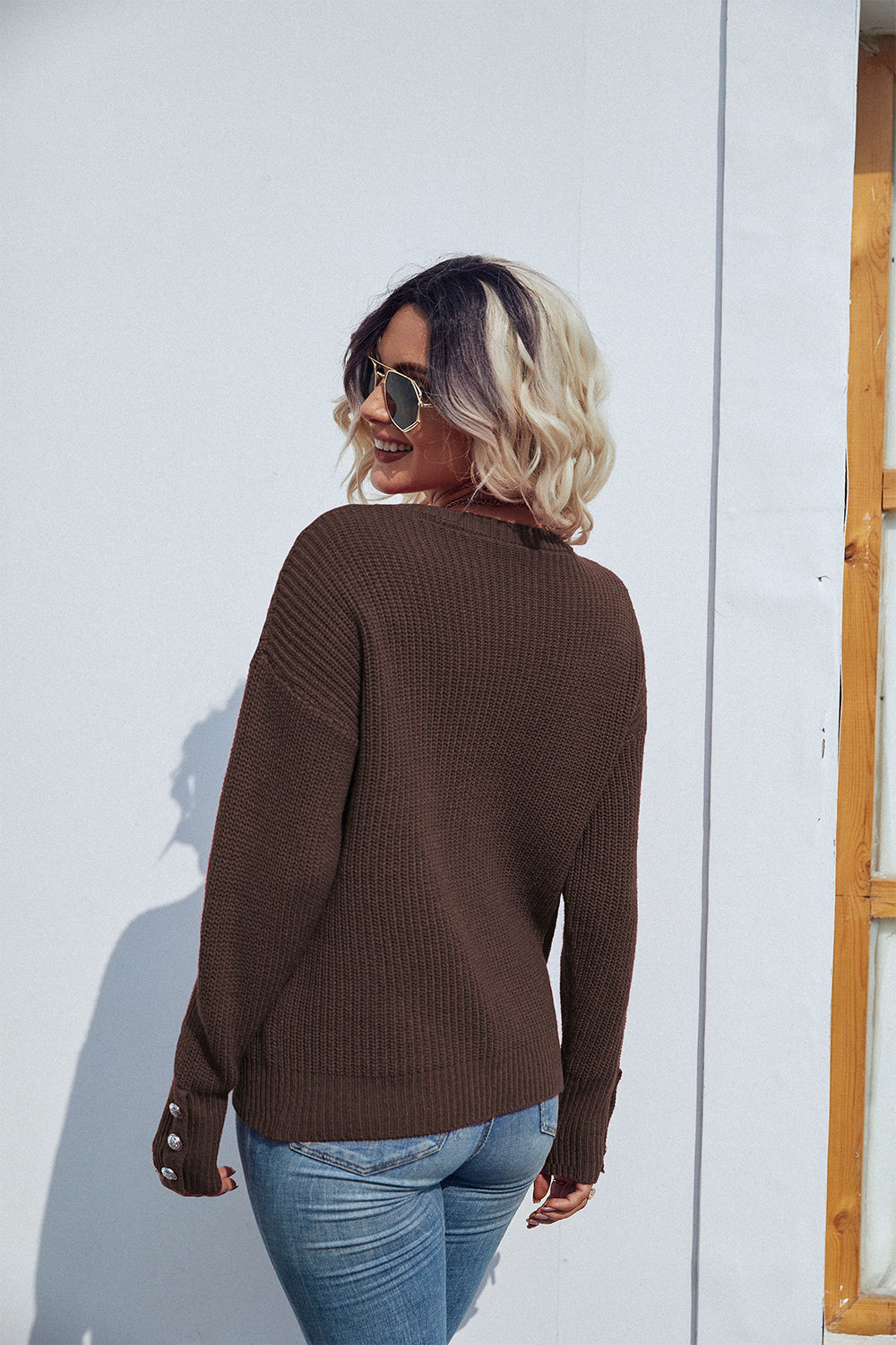 round neck long sleeve waffle-knit sweater