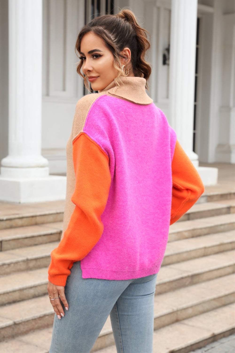 double take color block turtleneck slit sweater