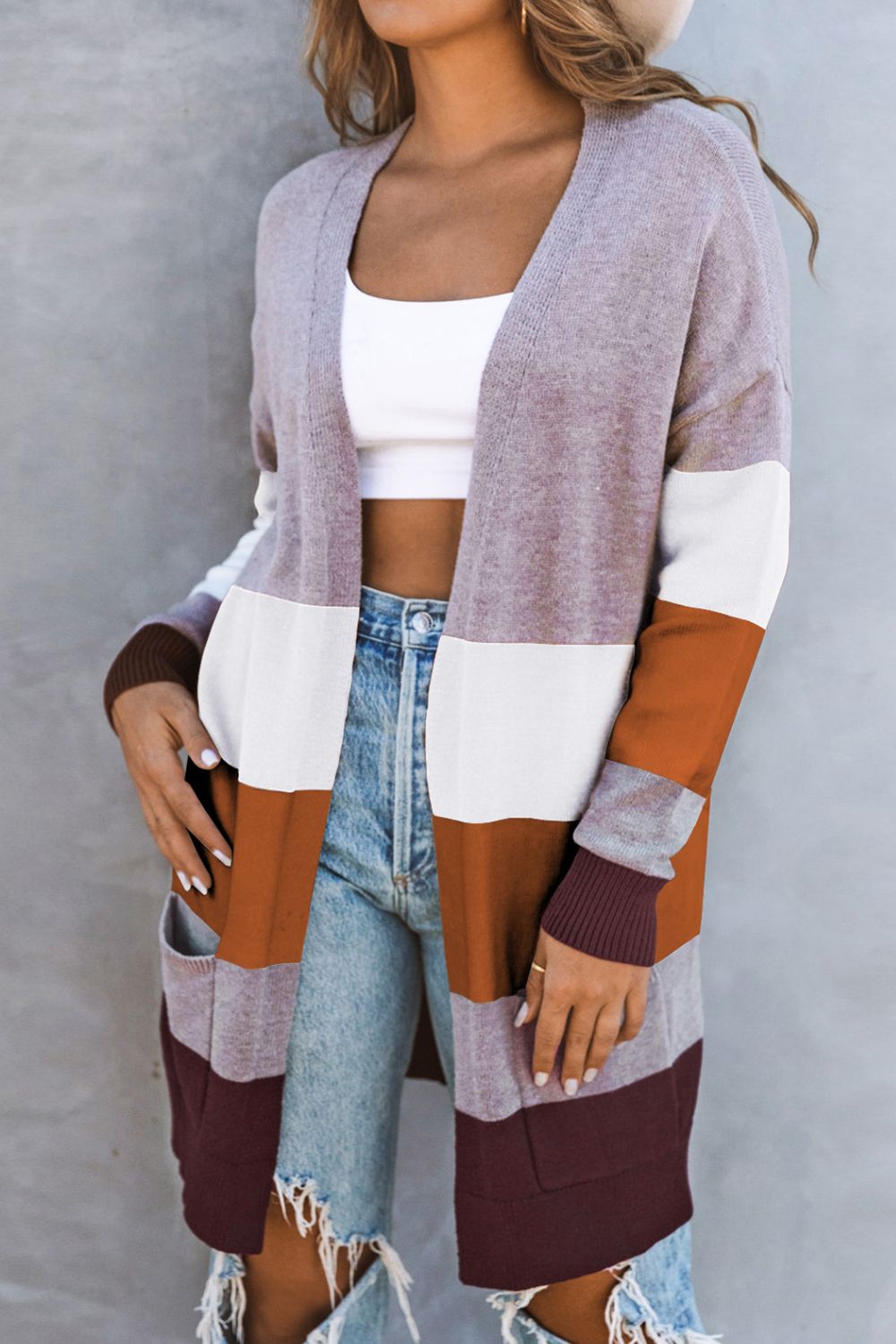 woven right color block open front ribbed cuff cardigan with pockets