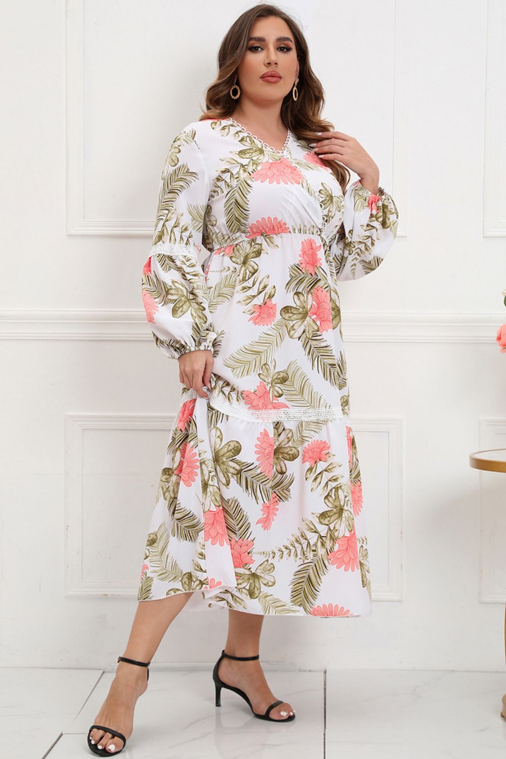 plus size spliced lace surplice balloon sleeve maxi dress