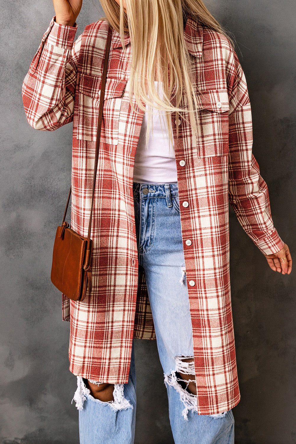 double take plaid button-up longline shacket with breast pockets