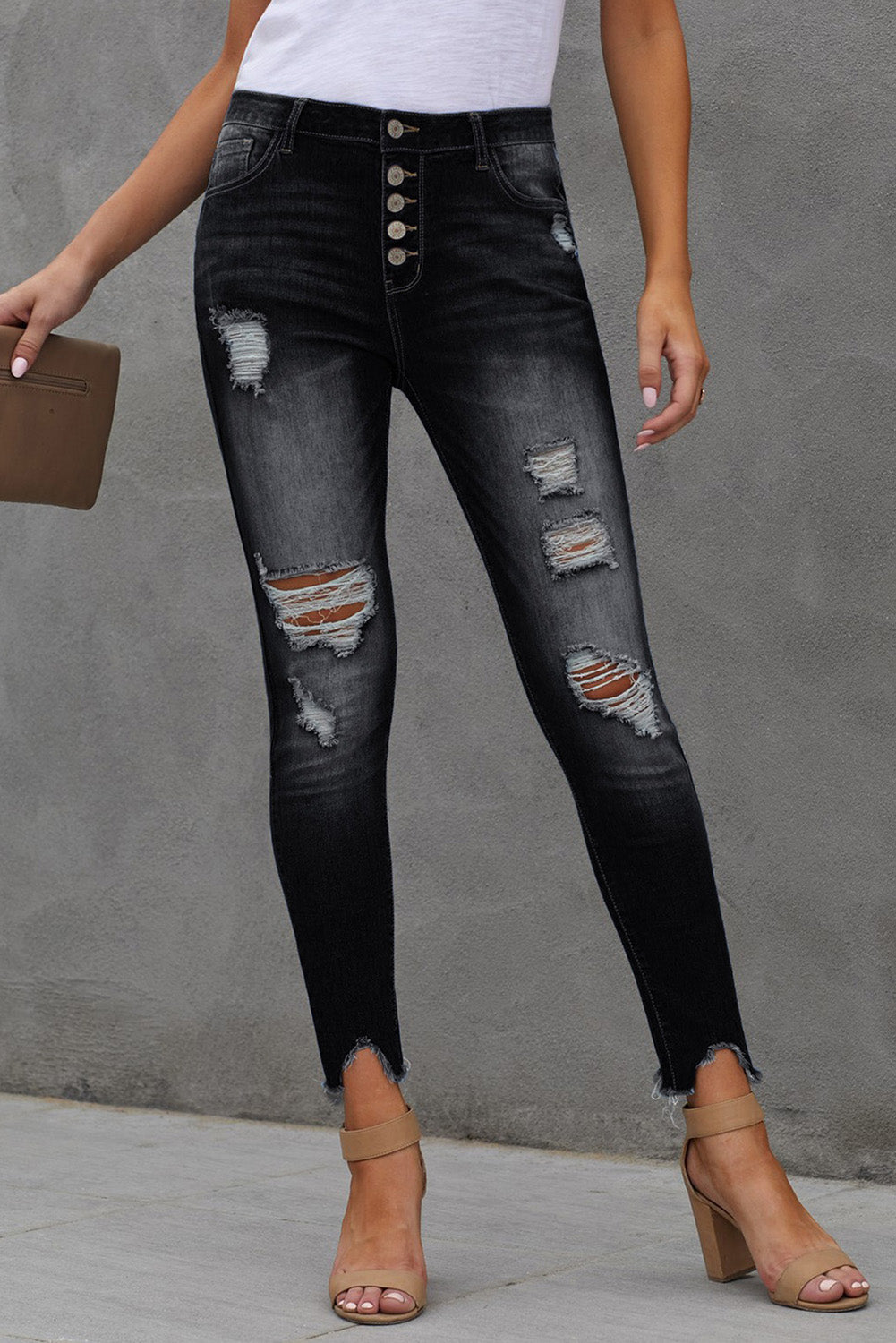 baeful button fly hem detail ankle-length skinny jeans