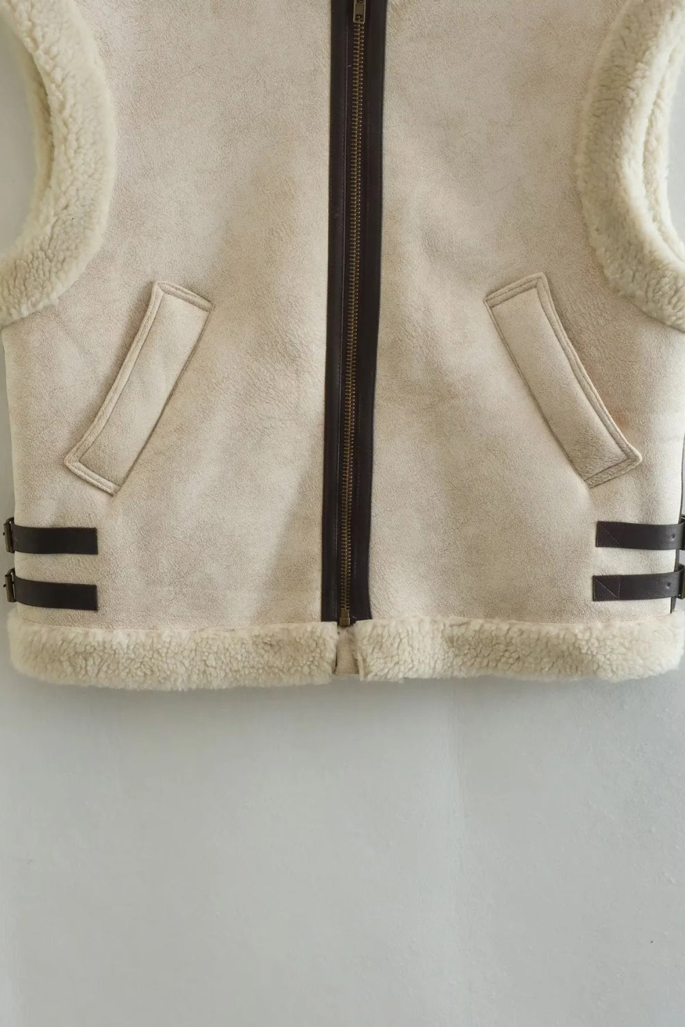 collared zip-up suede sherpa vest