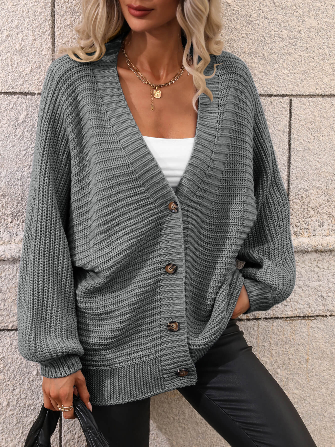 double take button down horizontal-ribbing longline cardigan