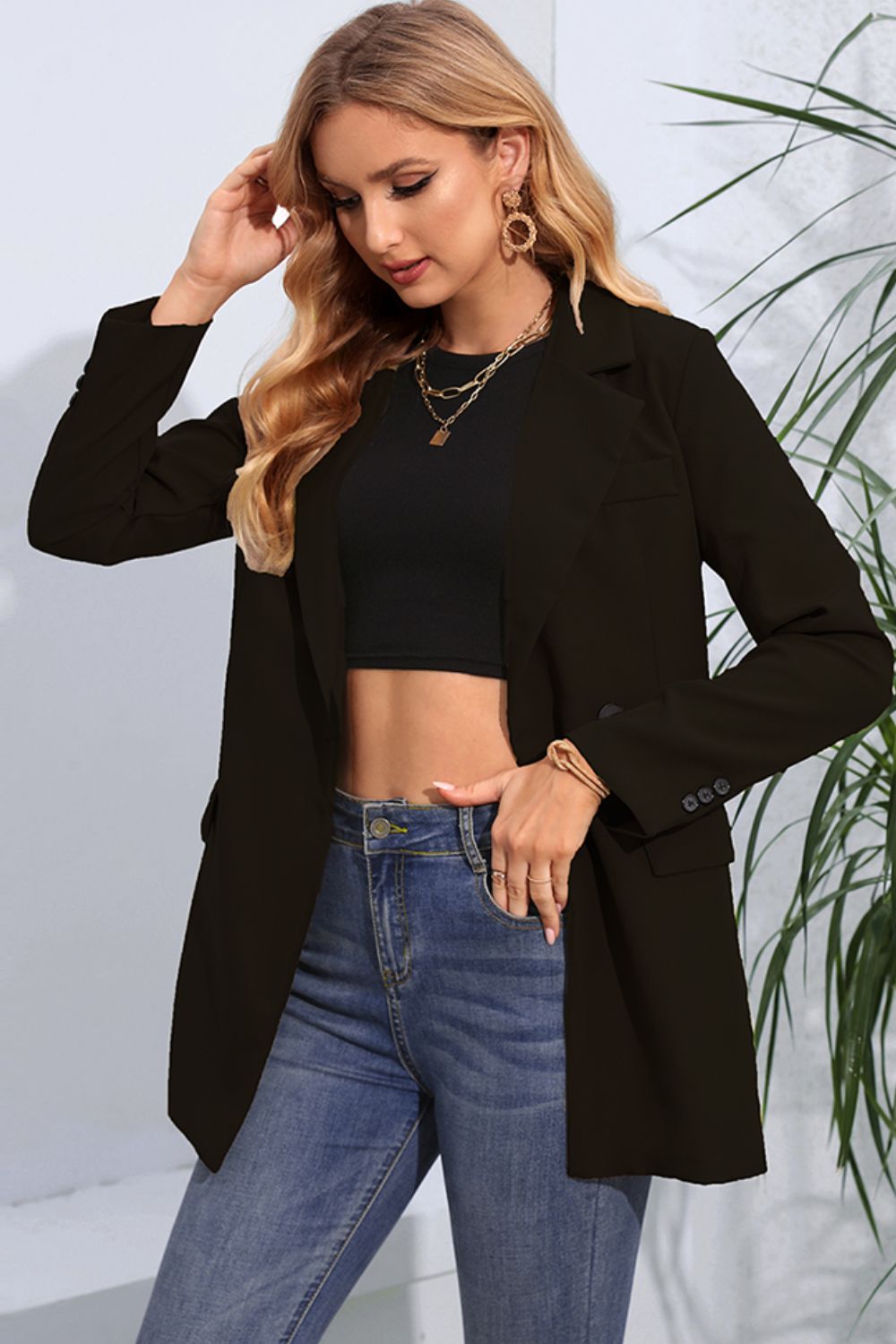 lapel neck long sleeve blazer with pockets