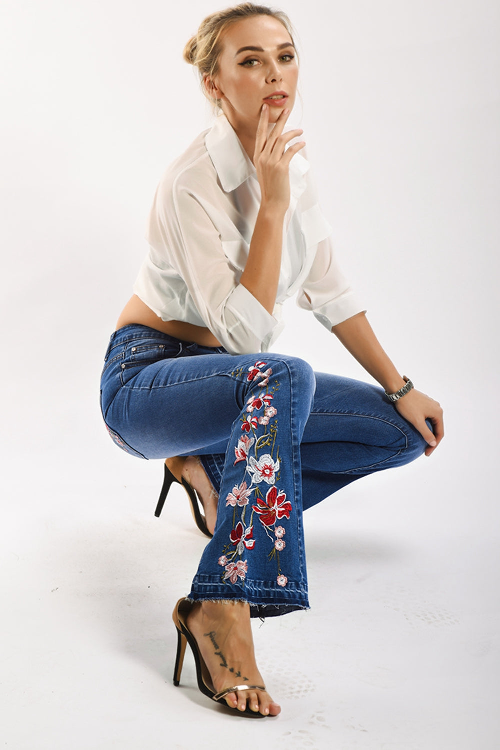 full size flower embroidery wide leg jeans