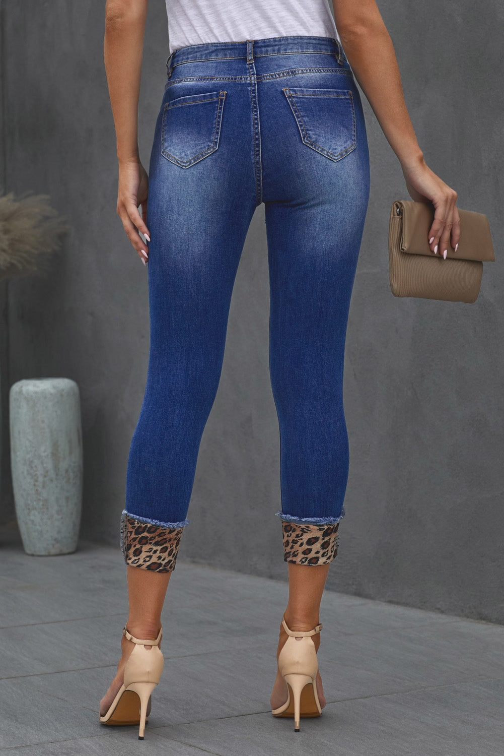 baeful leopard patch distressed cropped jeans