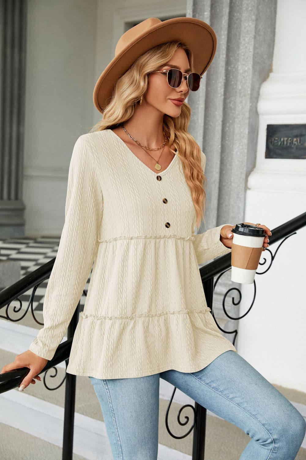 long sleeve v-neck cable-knit blouse