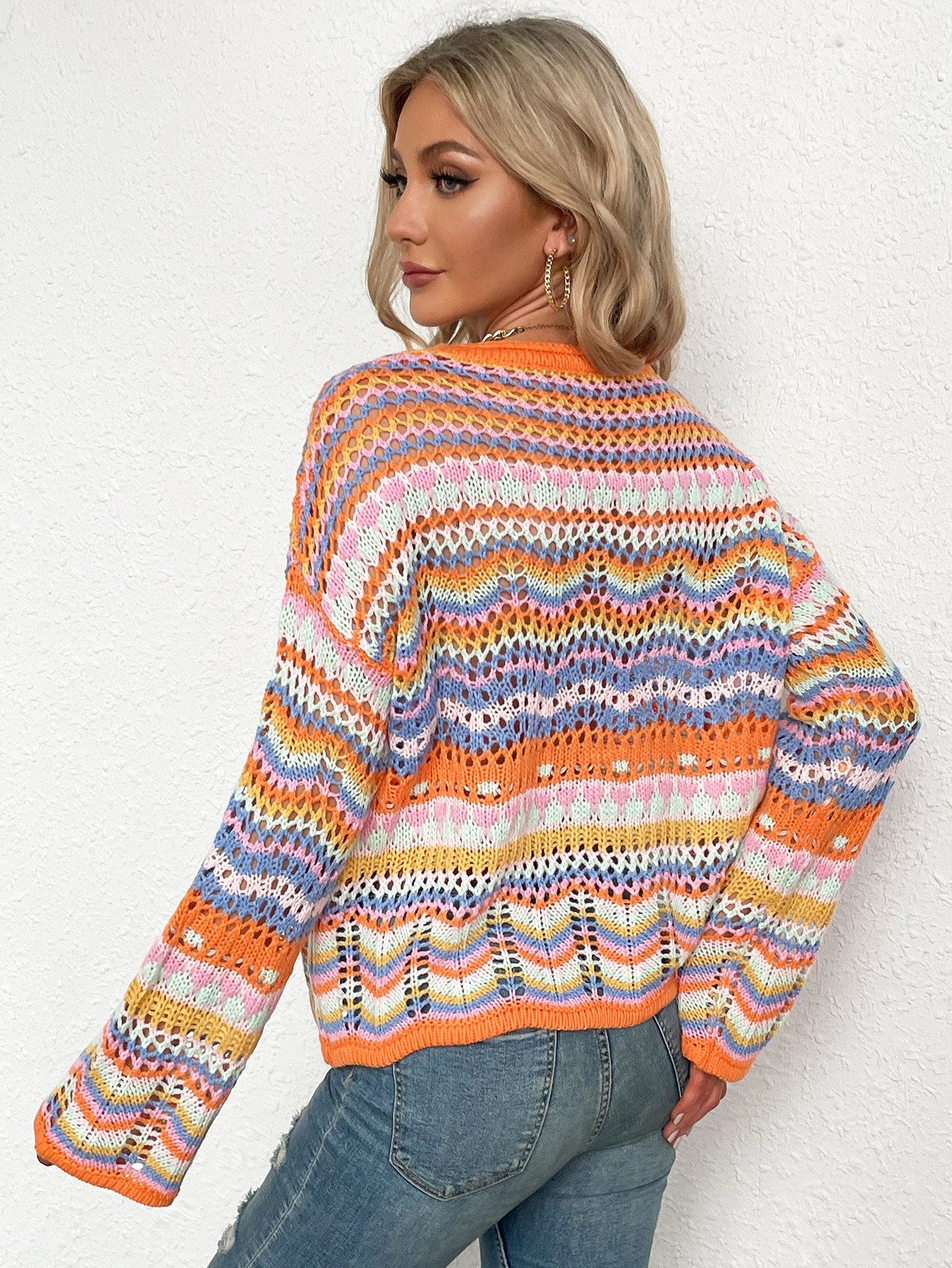 rainbow stripe openwork flare sleeve knit top