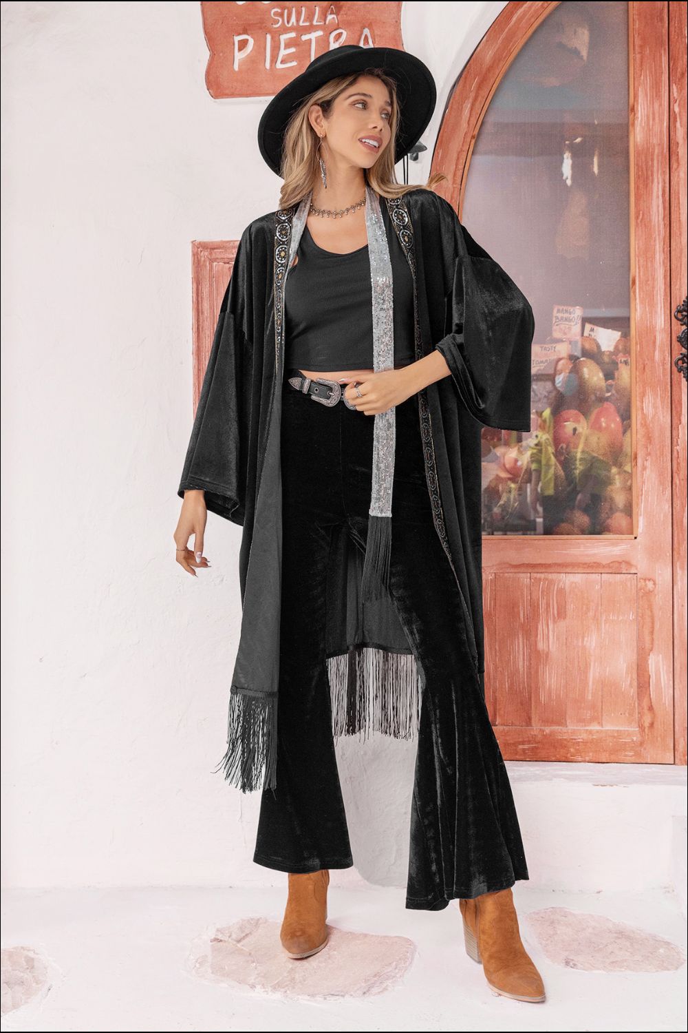 opne front fringe detail long sleeve cardigan