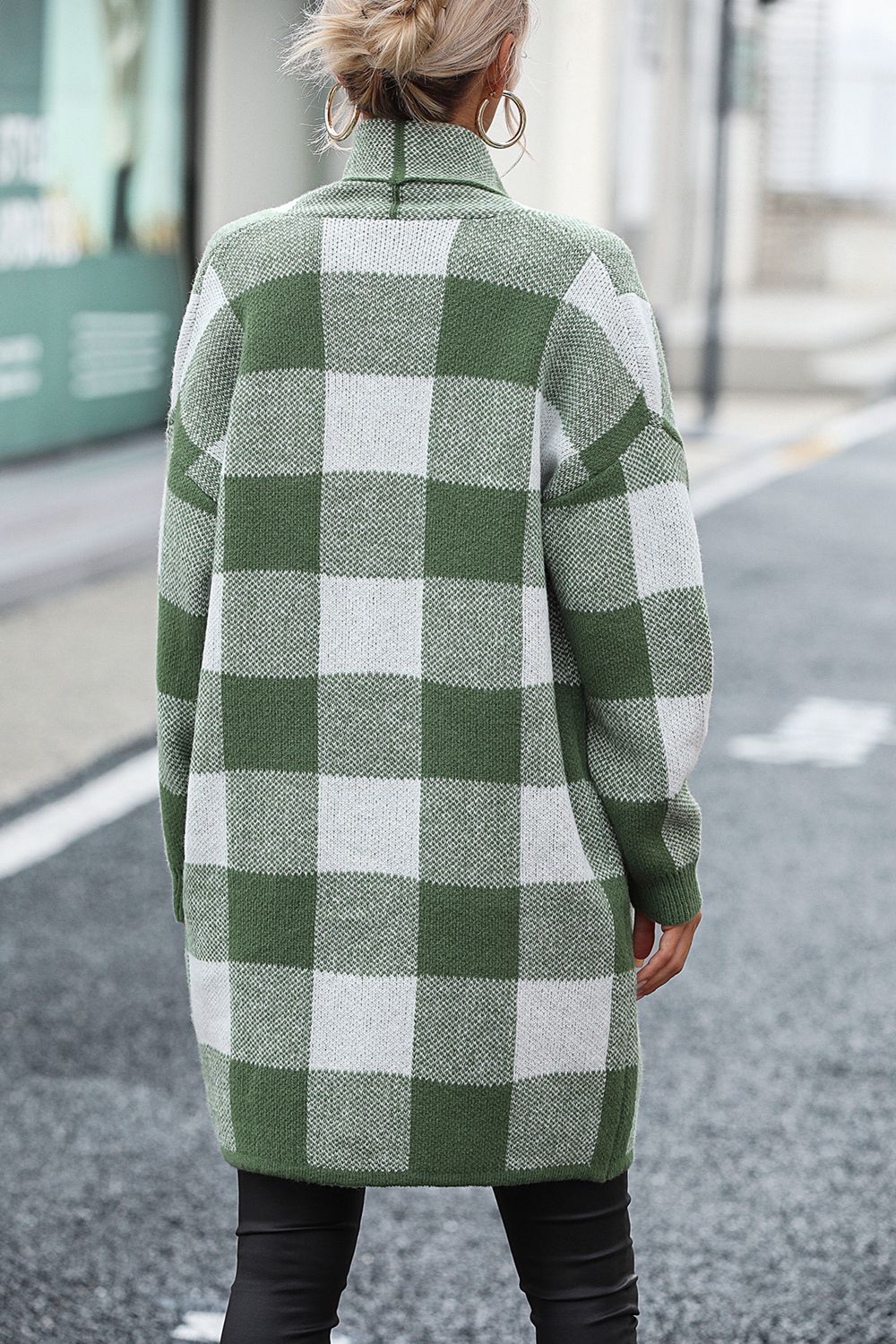 plaid dropped shoulder cardigan with pocket