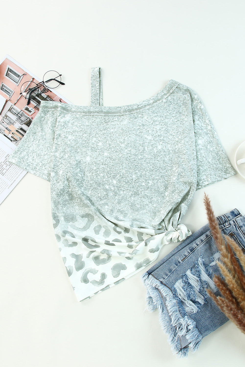 leopard asymmetrical neck cold-shoulder blouse