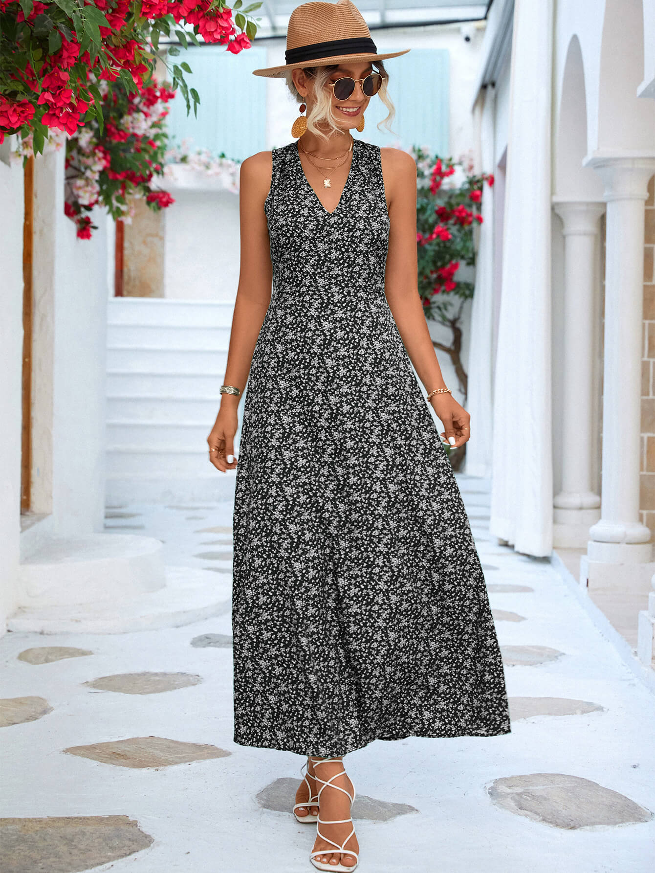 printed open back sleeveless maxi dress