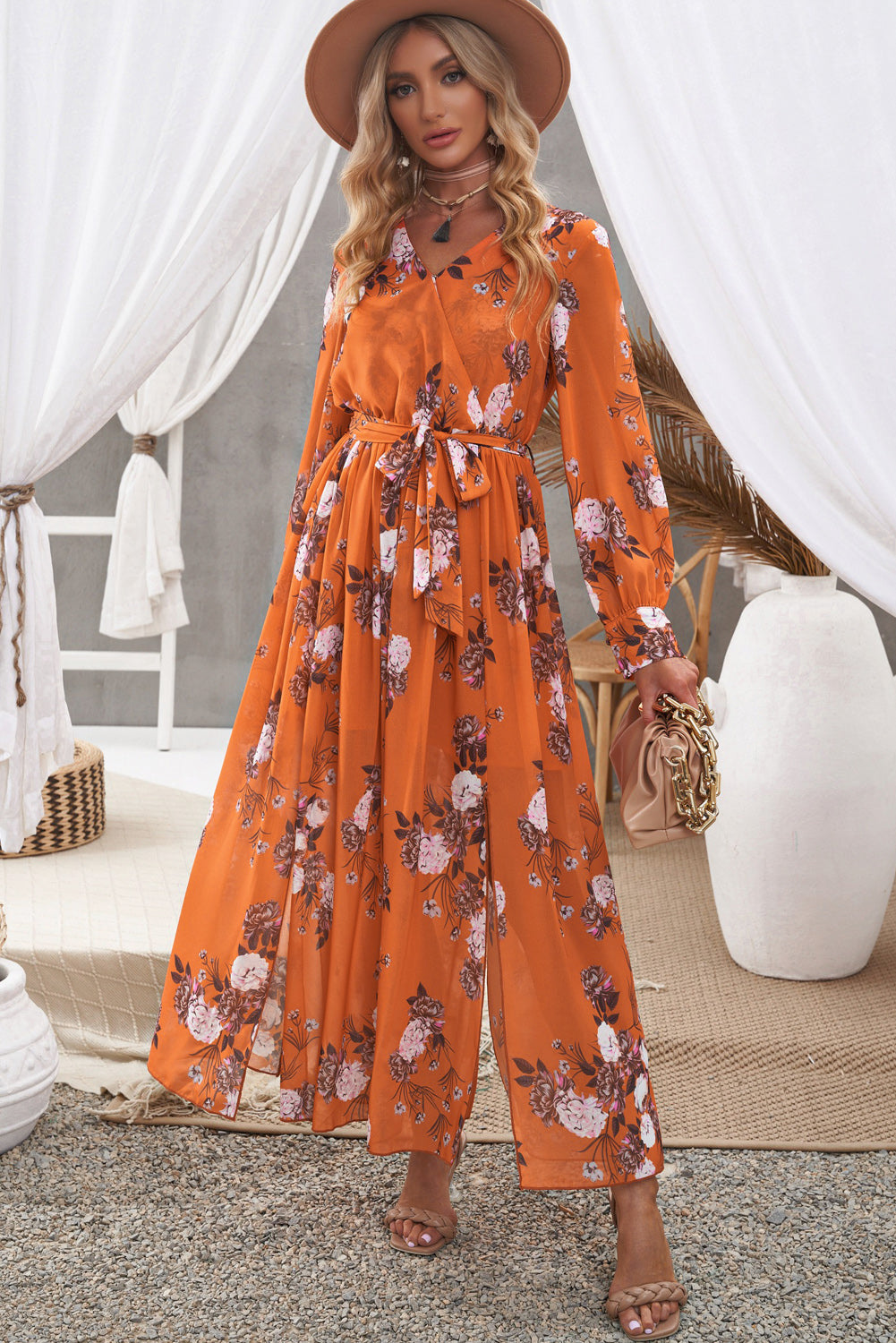 floral tie waist slit maxi dress