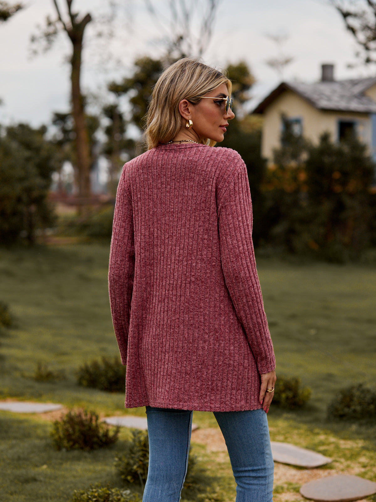 ribbed button-up cardigan with pockets