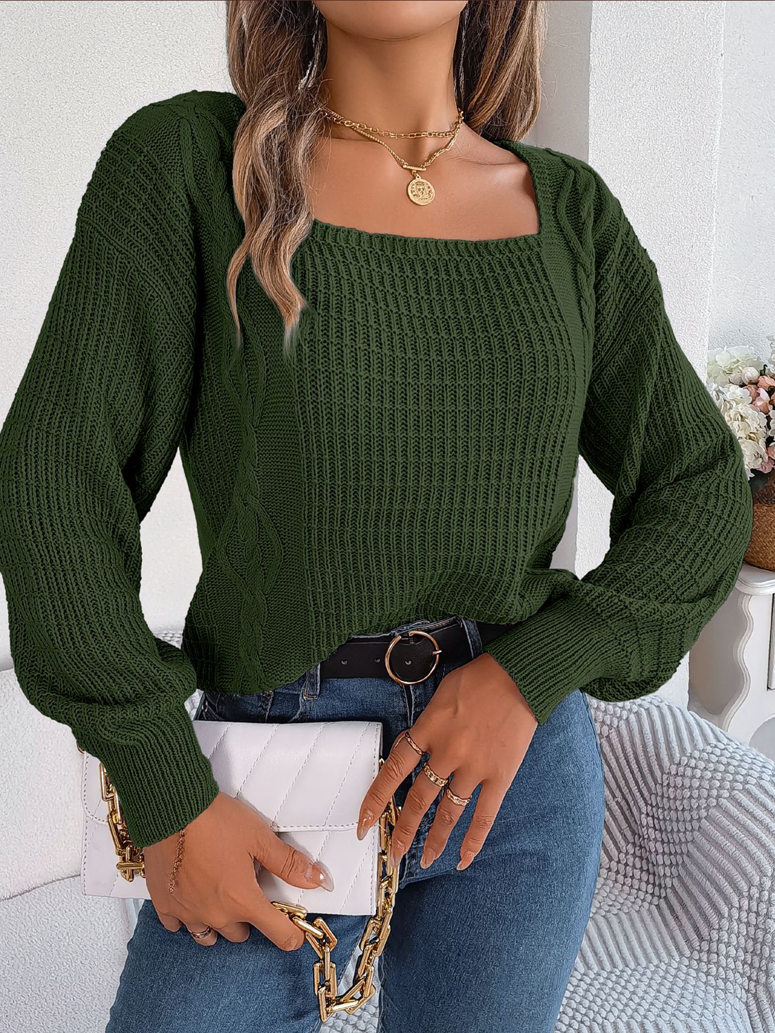 square neck mixed knit sweater