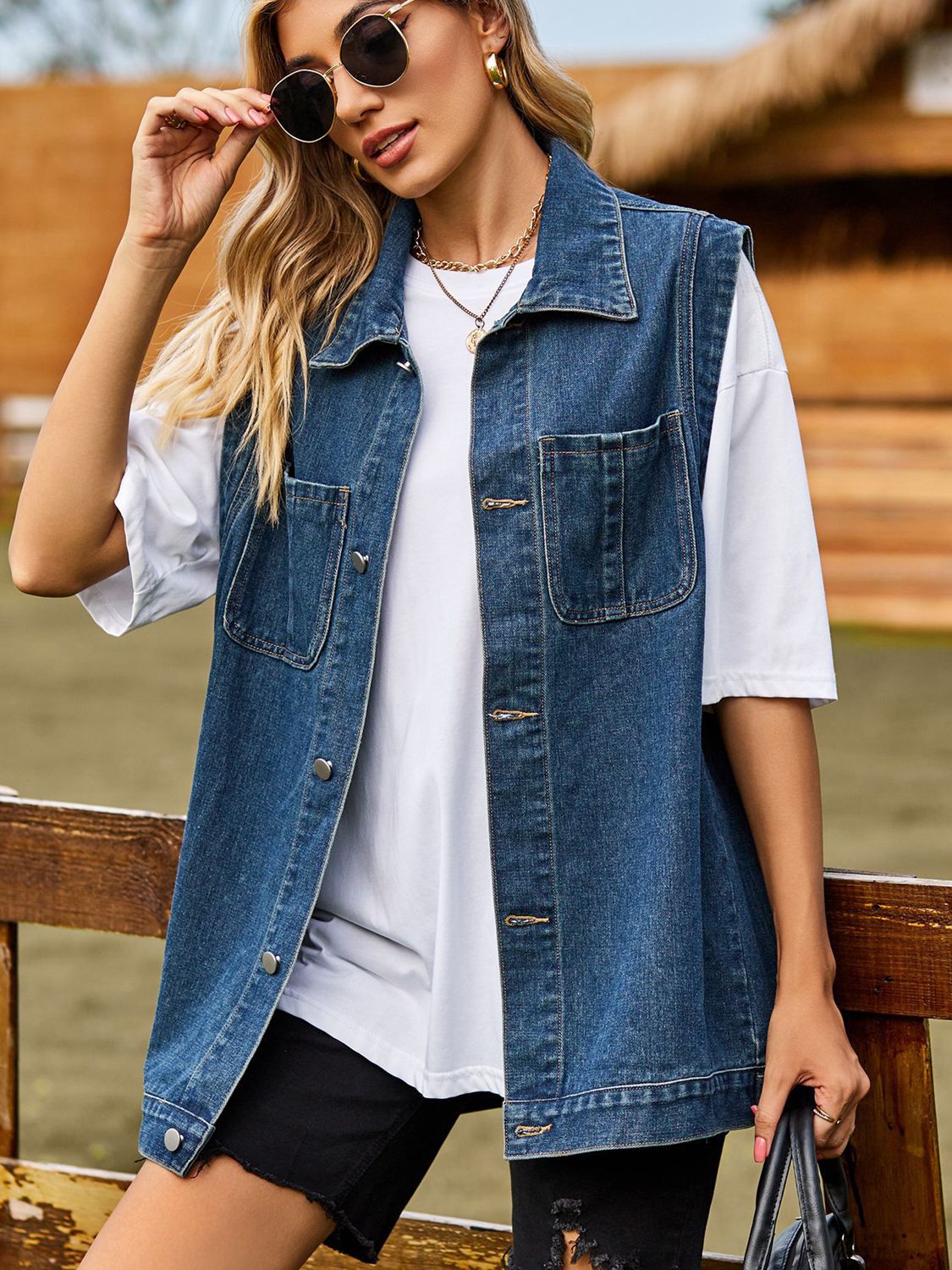 button down denim vest