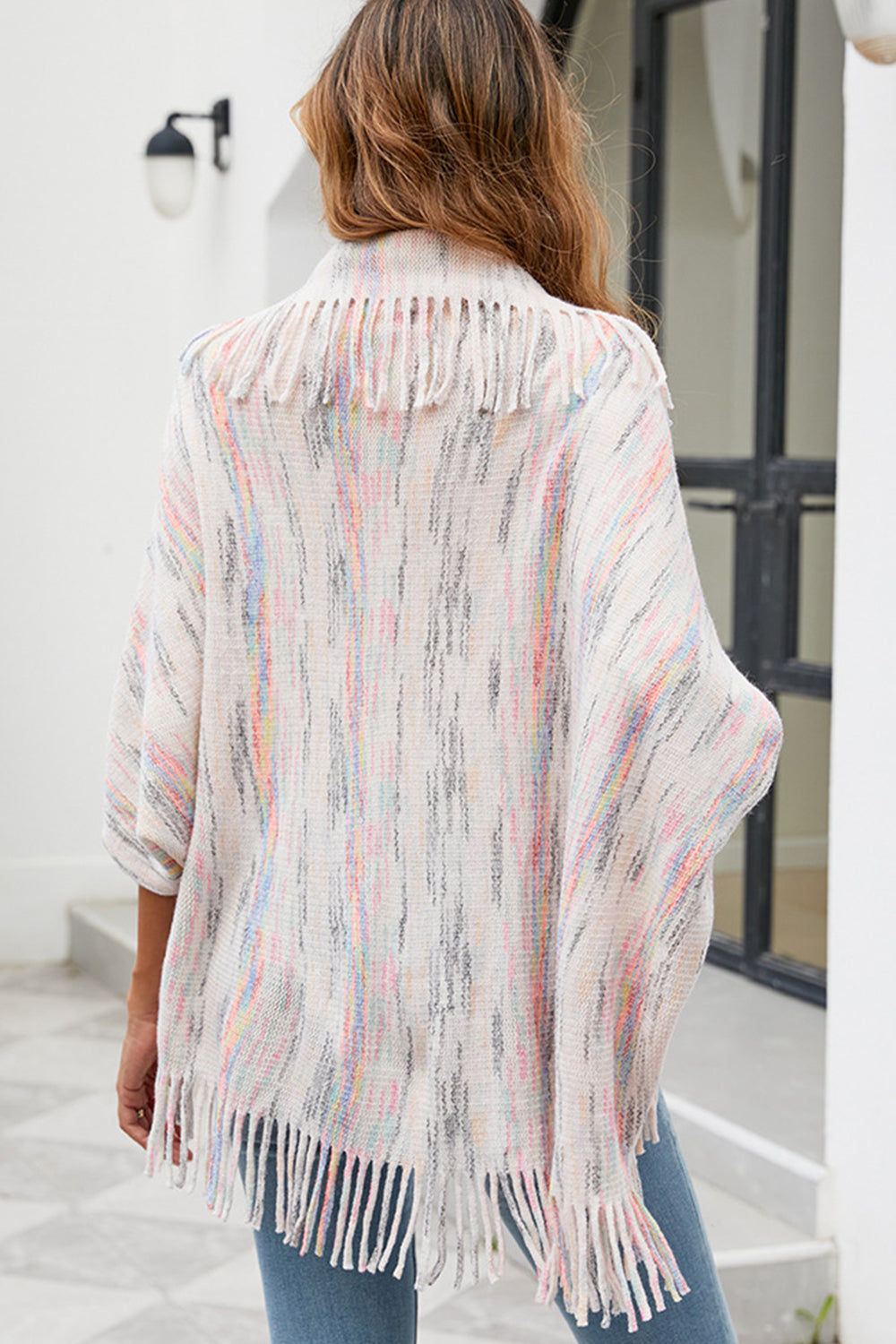 fringe detail printed poncho