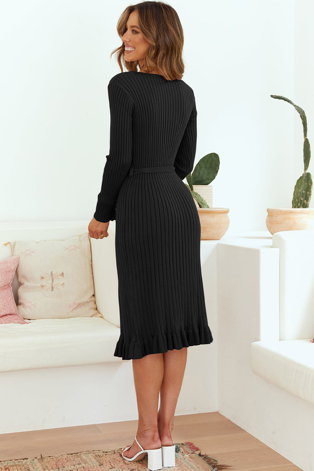 ribbed v-neck tie waist pencil dress