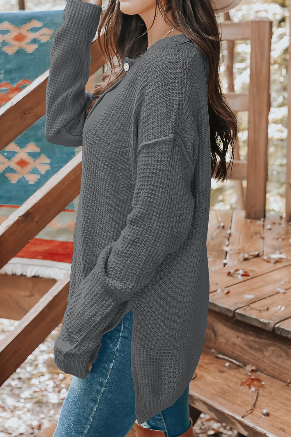 waffle-knit dropped shoulder buttoned sweater