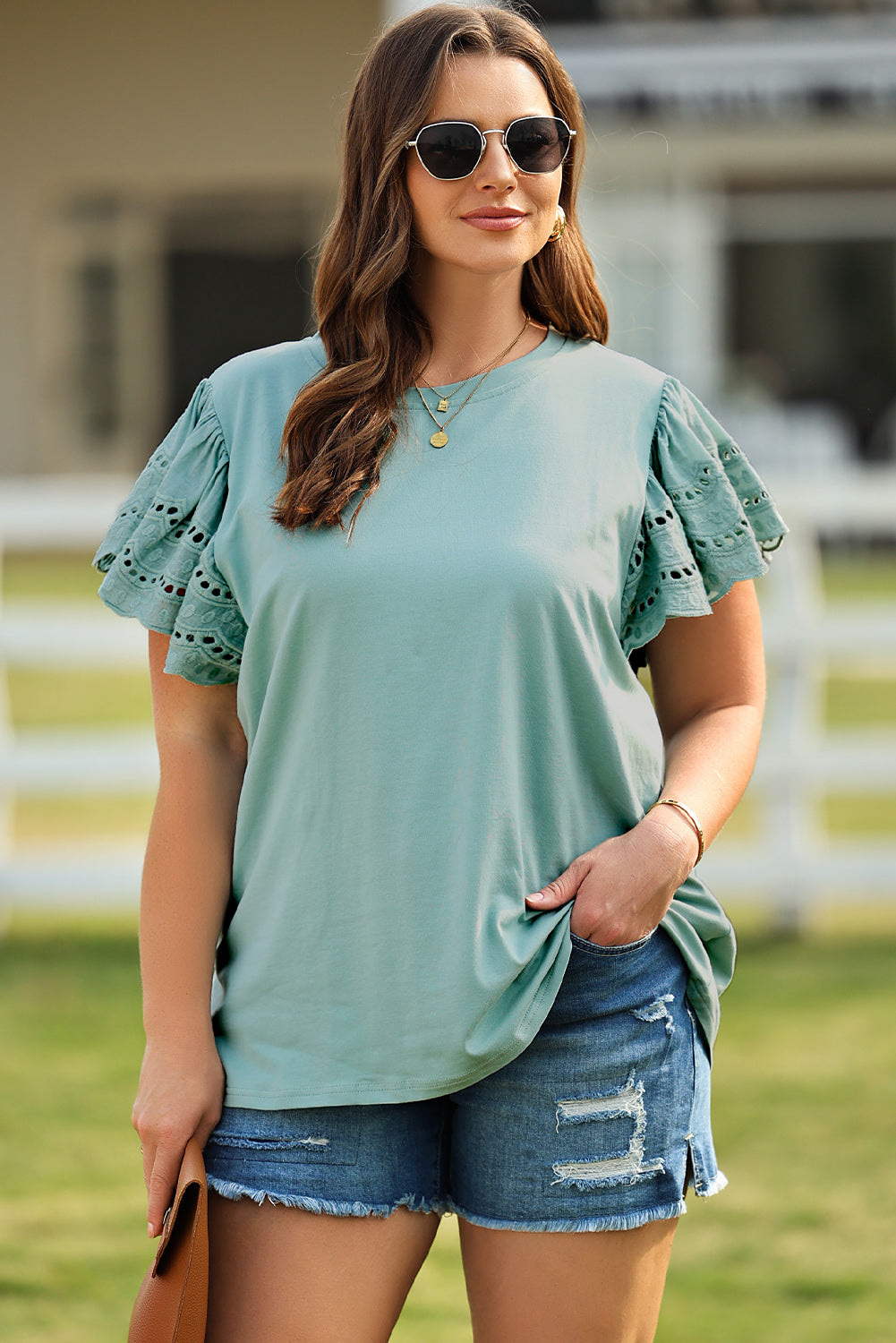 plus size butterfly sleeve round neck top