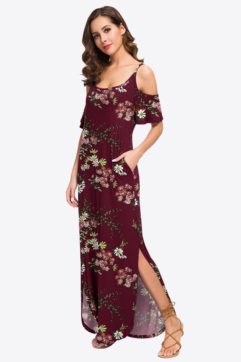 slit scoop neck cold-shoulder maxi dress