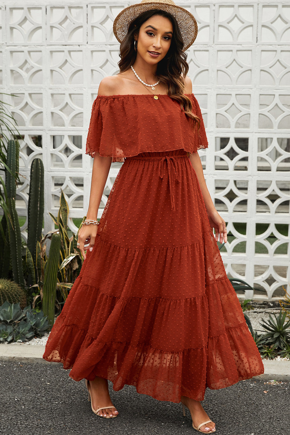 swiss dot off-shoulder tiered maxi dress