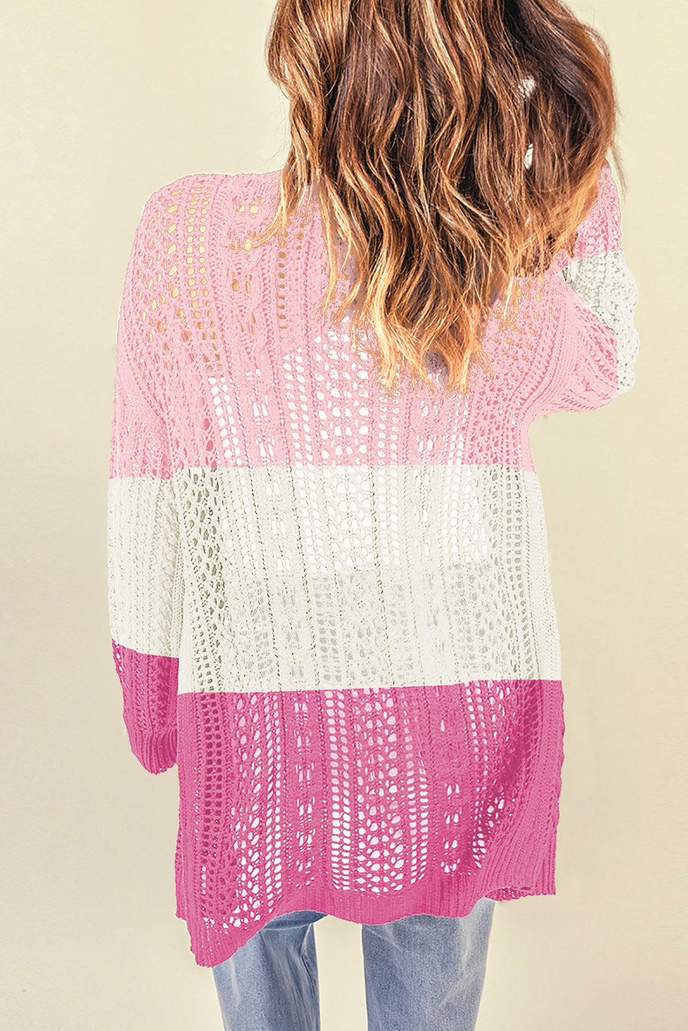 double take openwork ribbed cuff longline cardigan