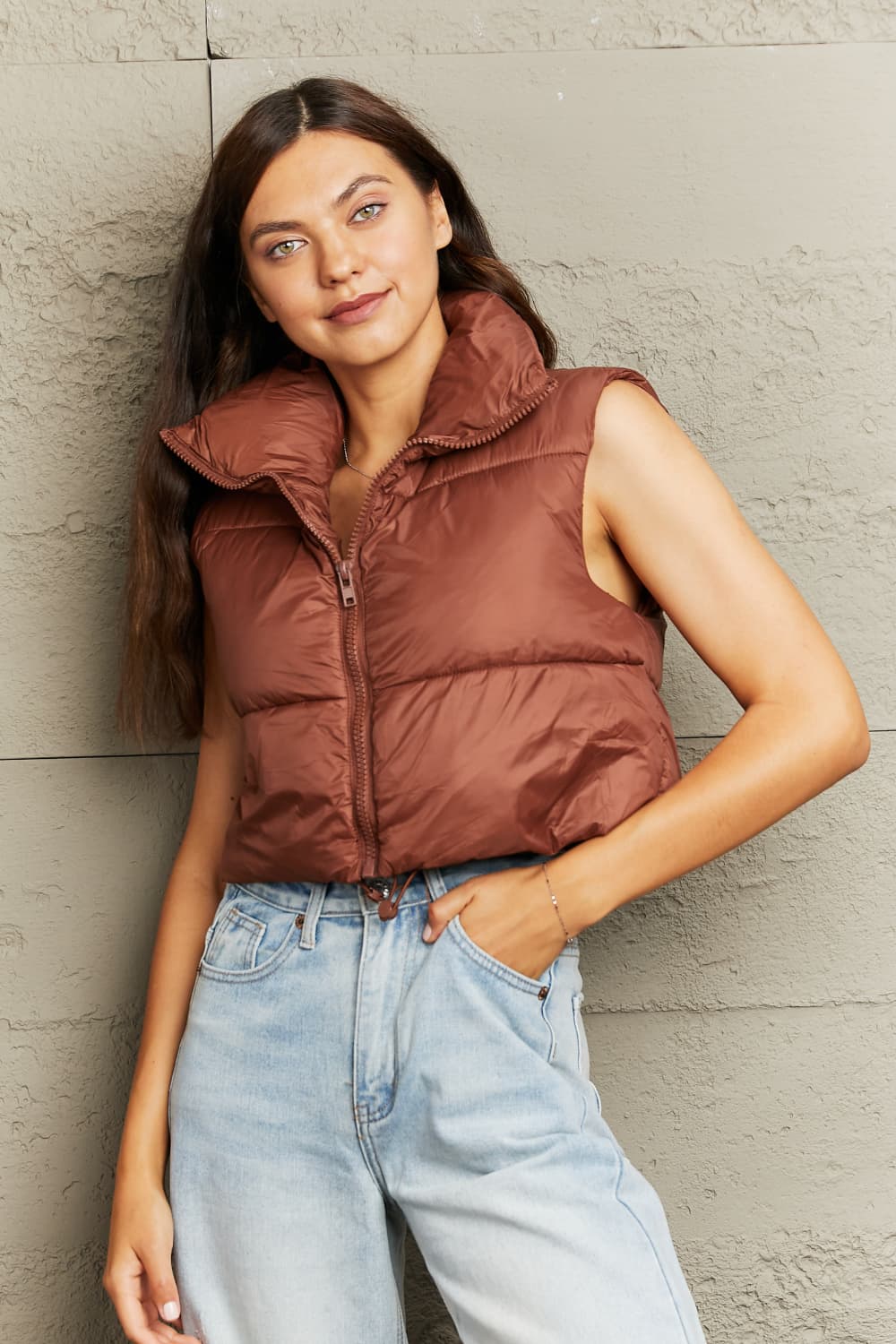 zip-up drawstring puffer vest