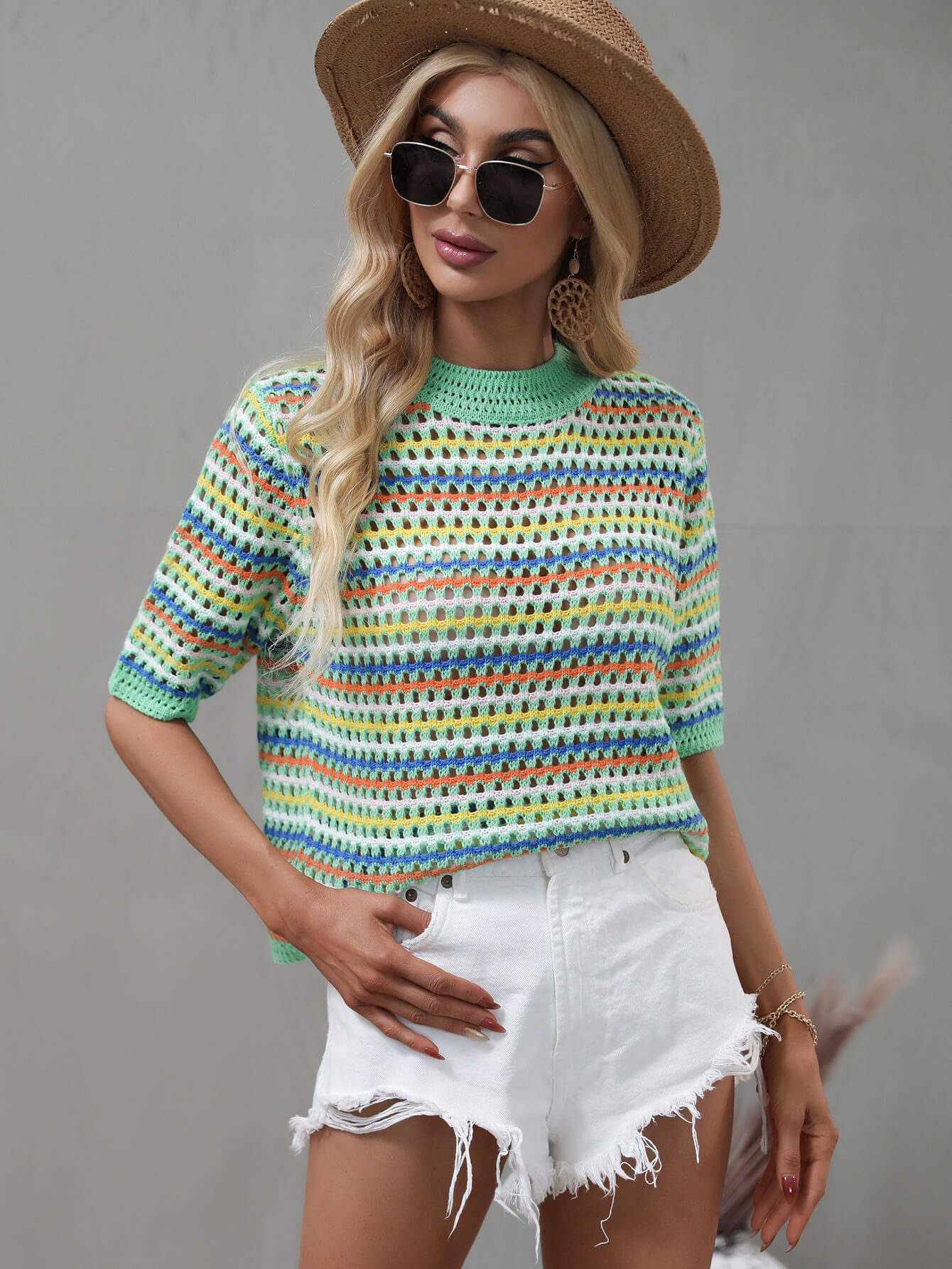 striped openwork half sleeve knit top