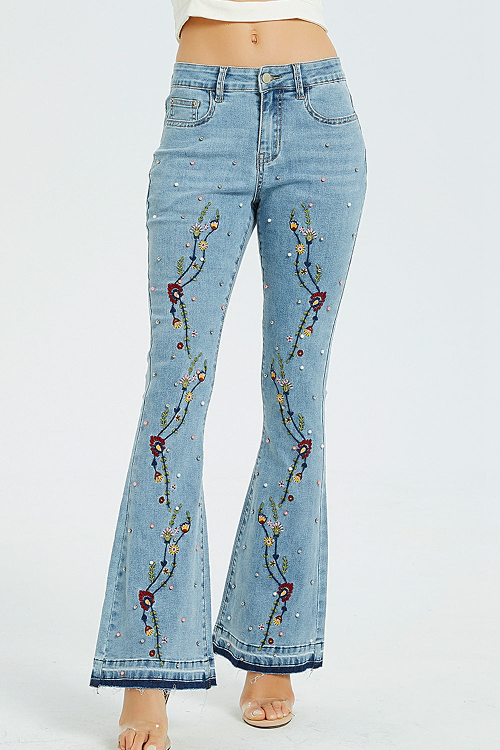 full size flower embroidery wide leg jeans