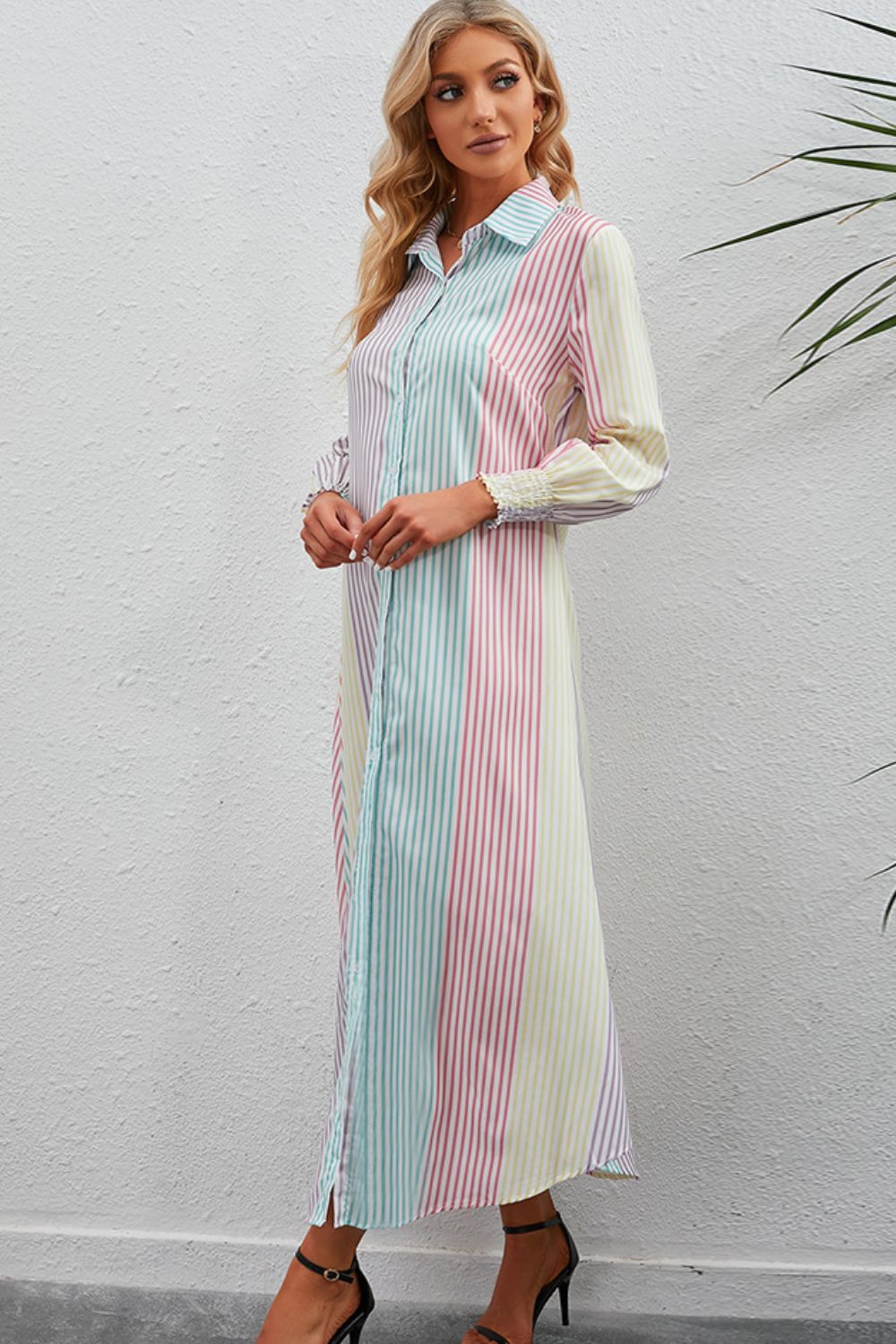 rainbow stripe button-up maxi shirt dress